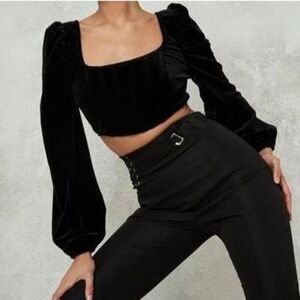 Missguided Women’s Black Velvet Puff Sleeve Corset Crop Top size 4 US